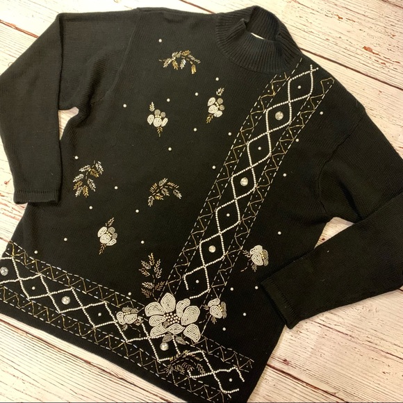 Vintage Beaded Knit Mock Neck Holiday Winter Sweater Victoria Jones Black Silver - Picture 12 of 15